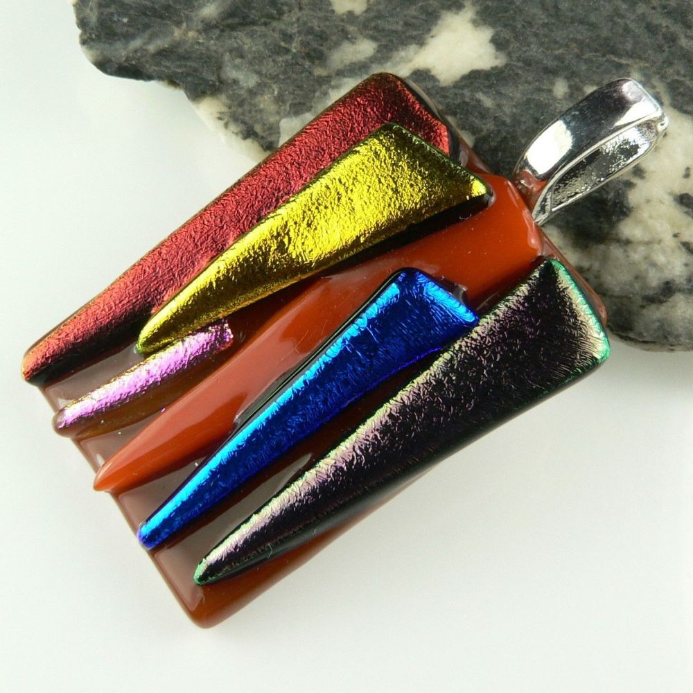 4.4cm multi-coloured textured dichroic glass pendant, with leather cord