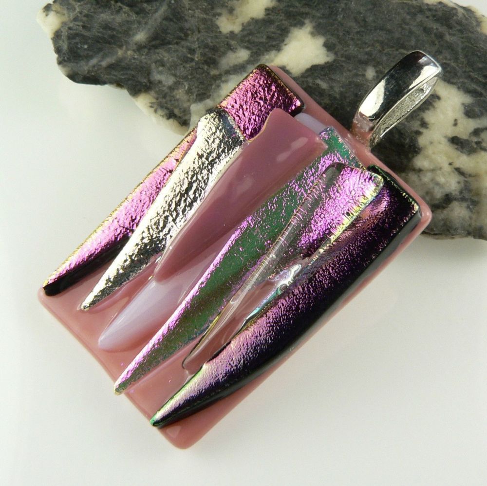 4.6cm pink textured Dichroic glass pendant, with leather cord & gift box (#30387)