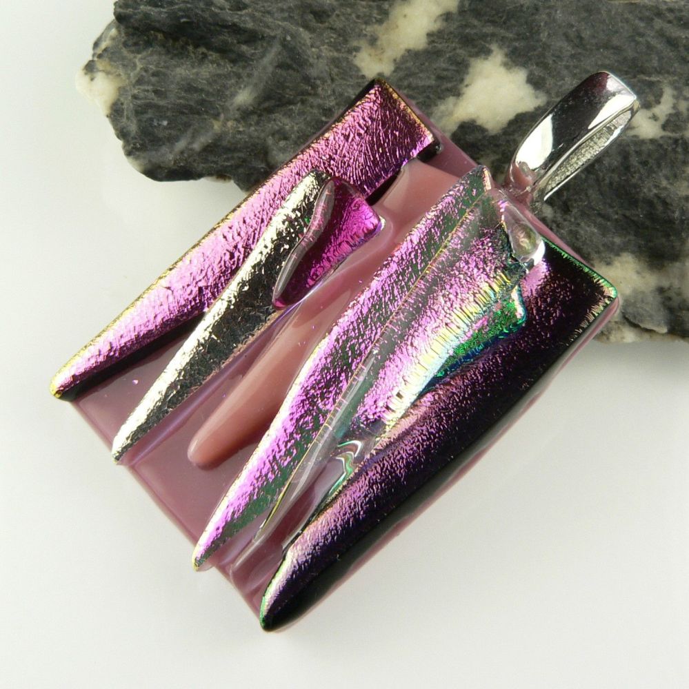 4.3cm pink textured Dichroic glass pendant, with leather cord & gift box (#30308)