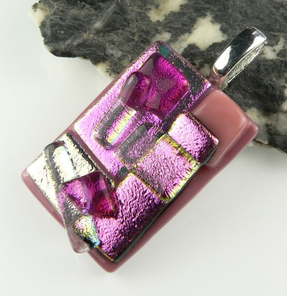 4.3cm pink textured Dichroic glass pendant, with leather cord & gift box 