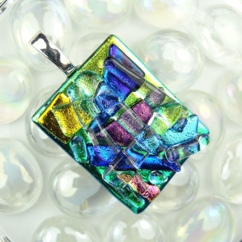 4.1cm multi-coloured textured dichroic glass pendant, with leather cord & gift box (#30033)