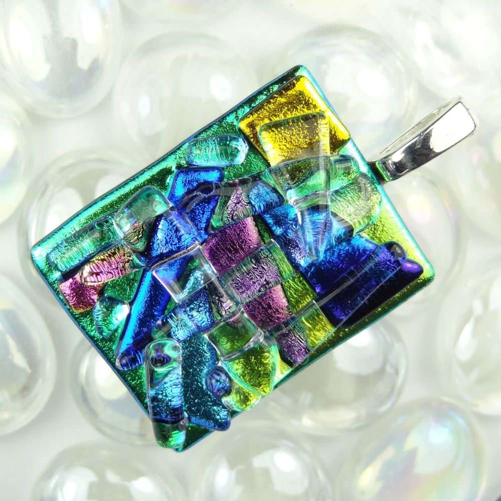 4.1cm multi-coloured textured dichroic glass pendant, with leather cord & gift box (#30033)