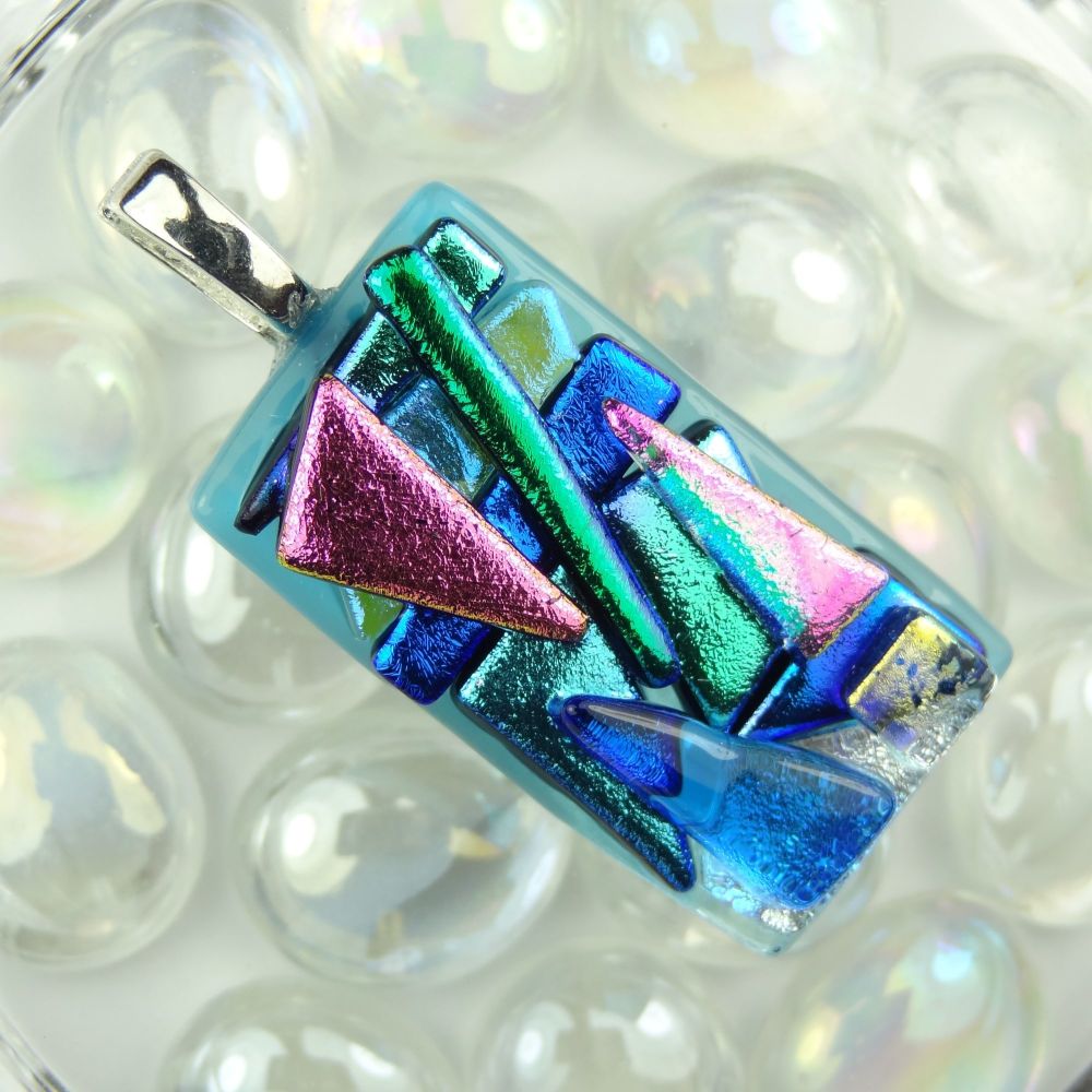 4.8cm multi-coloured textured dichroic glass pendant, with leather cord & gift box (#30213)