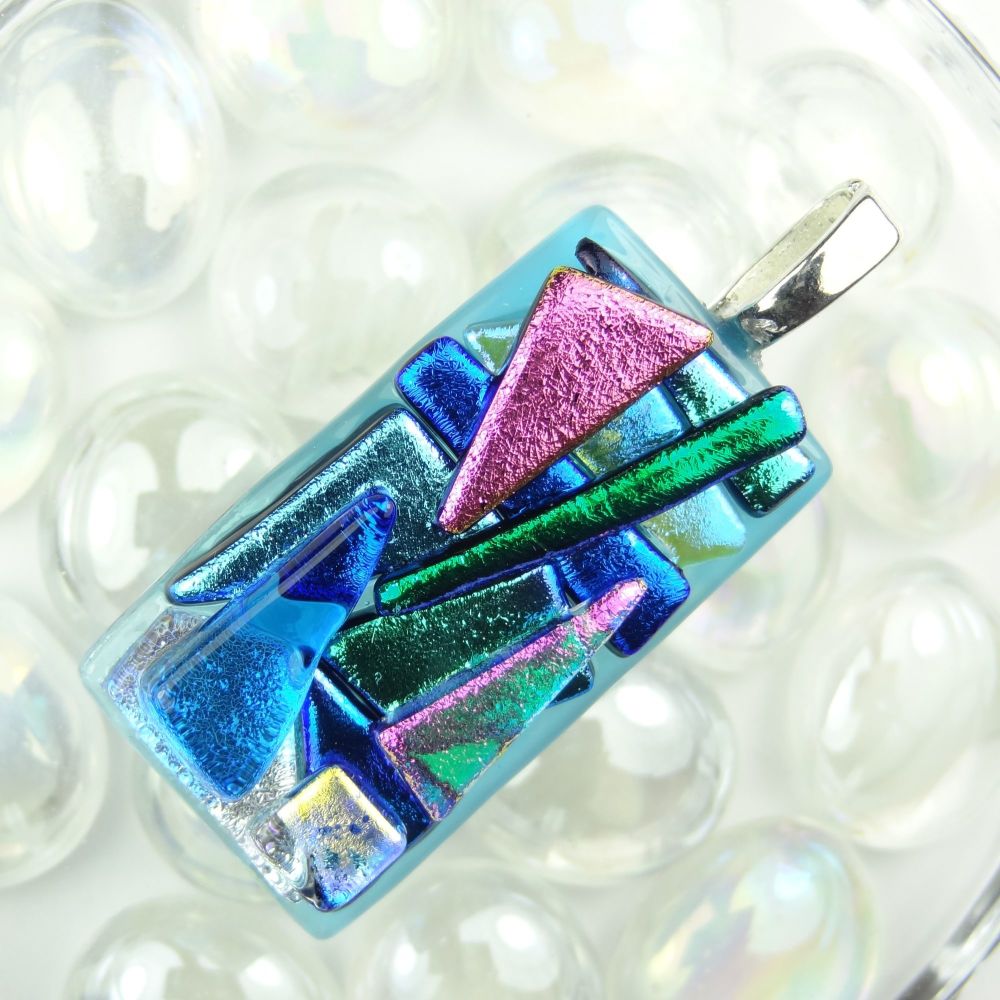 4.8cm multi-coloured textured dichroic glass pendant, with leather cord