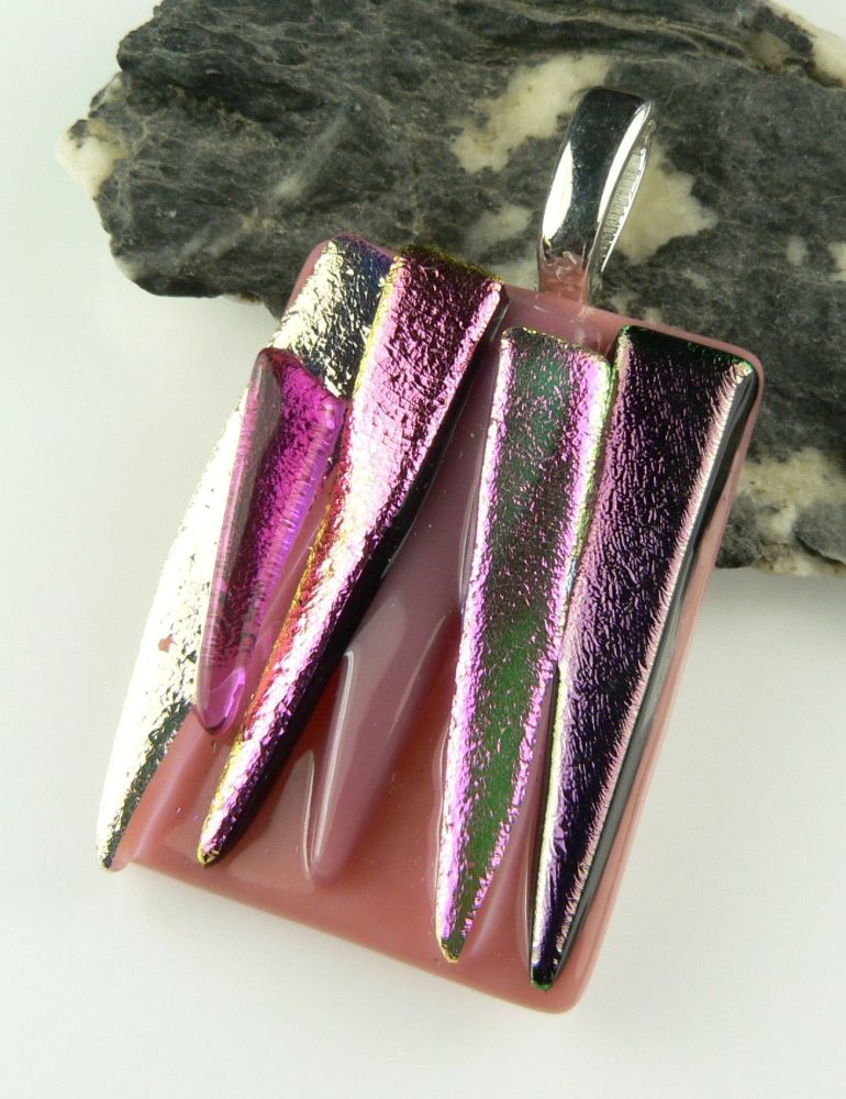 4.4cm pink textured Dichroic glass pendant, with leather cord & gift box (#30485)