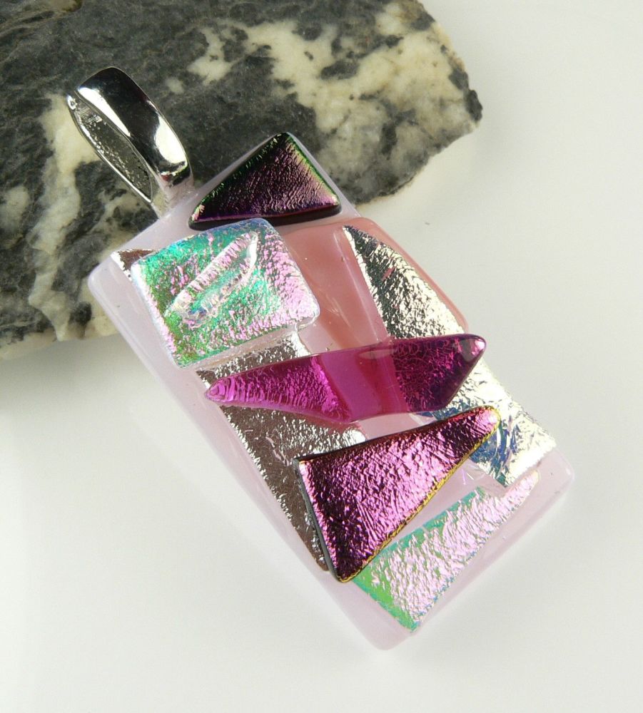 4.4cm pink textured Dichroic glass pendant, with leather cord & gift box (#30303)