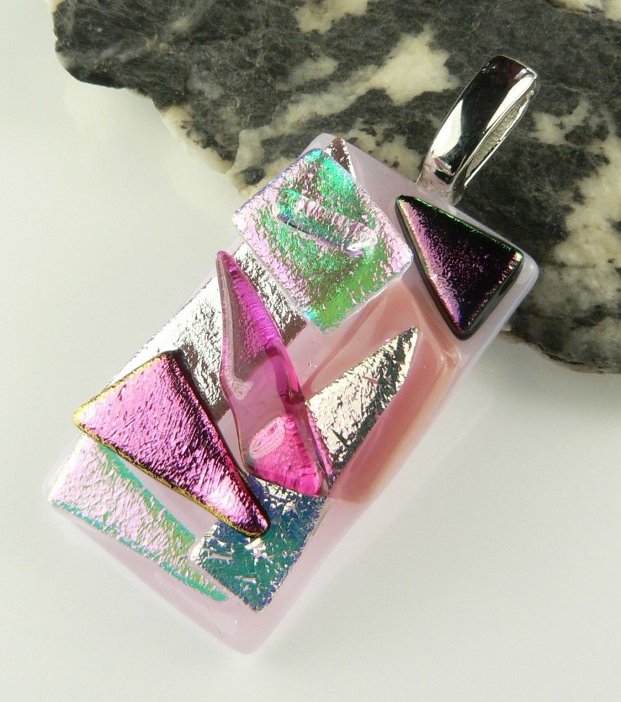 4.4cm pink textured Dichroic glass pendant, with leather cord & gift box