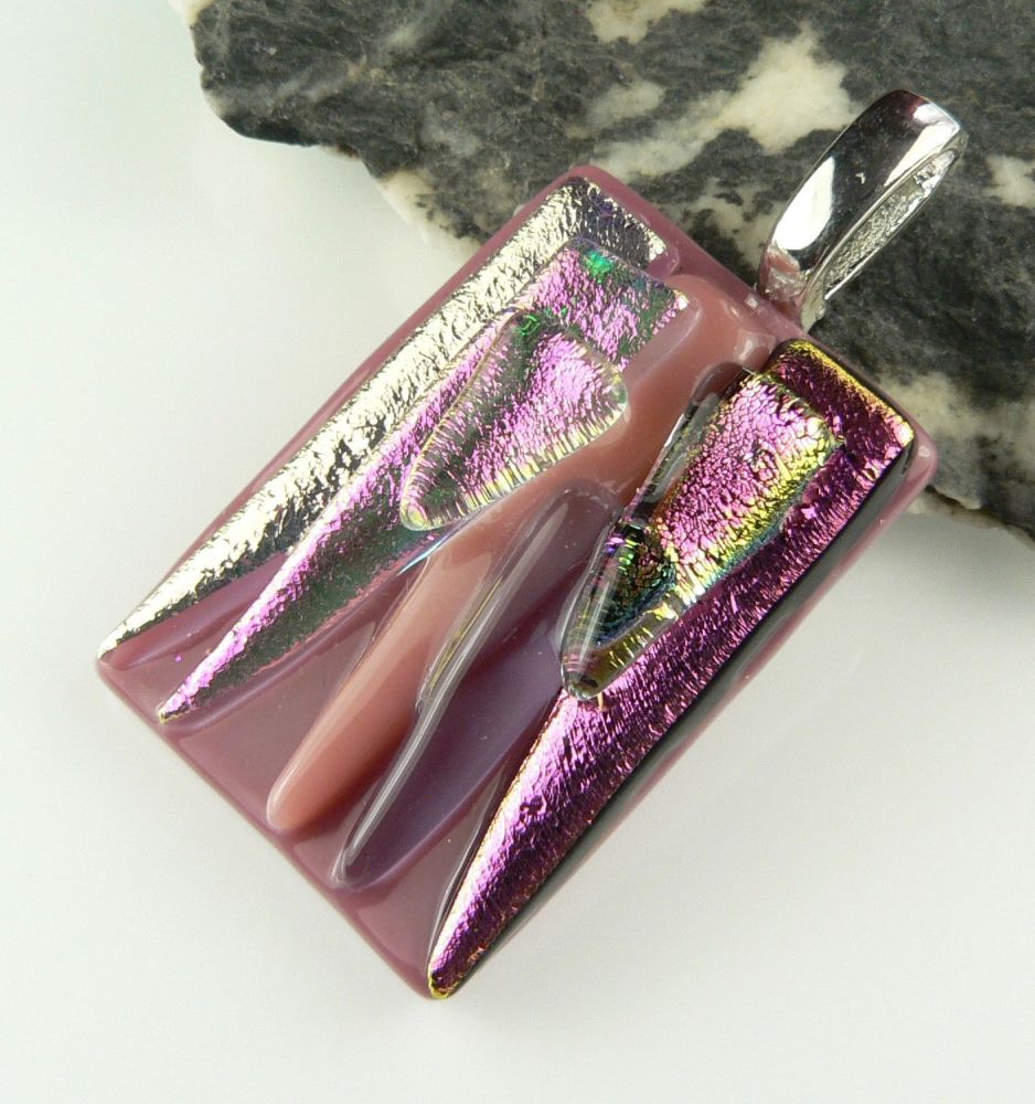 4.2cm pink textured Dichroic glass pendant, with leather cord & gift box (#30478)