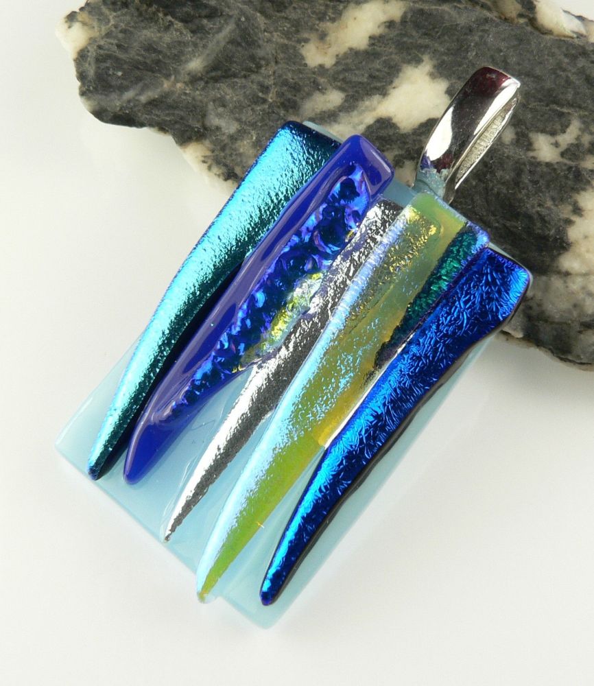 4.3cm blue textured Dichroic glass pendant, with leather cord & gift box (#30081)