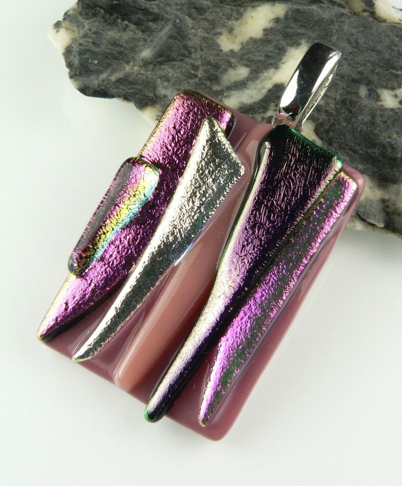 4.4cm pink textured Dichroic glass pendant, with leather cord & gift box (#30553)