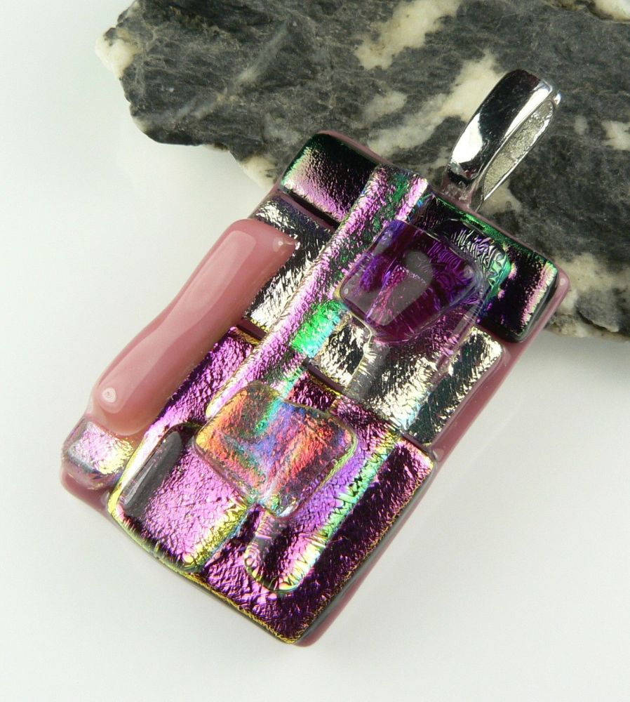 4.4cm pink textured Dichroic glass pendant, with leather cord & gift box