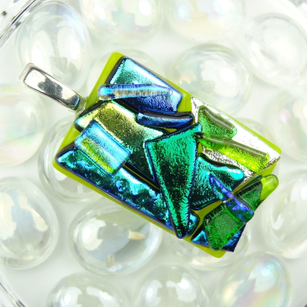 4.6cm green textured Dichroic glass pendant, with leather cord & gift box (#30533)