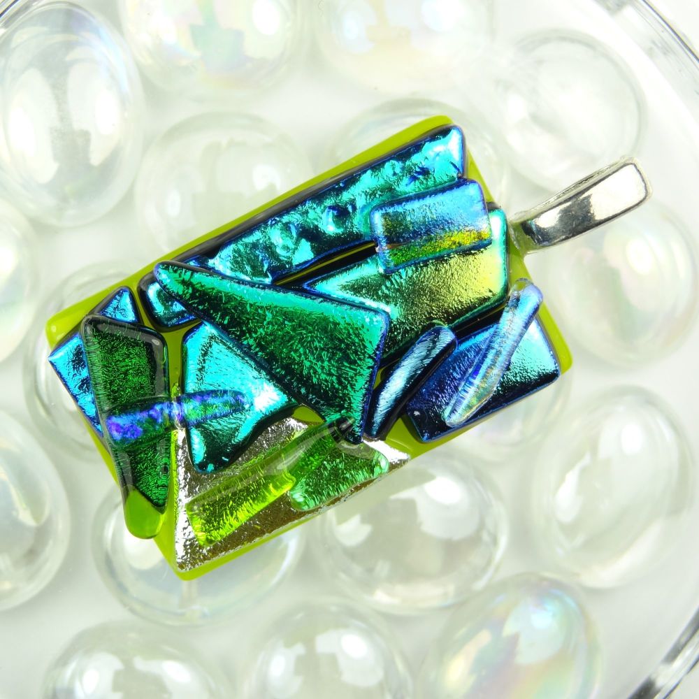 4.6cm green textured Dichroic glass pendant, with leather cord & gift box (#30533)