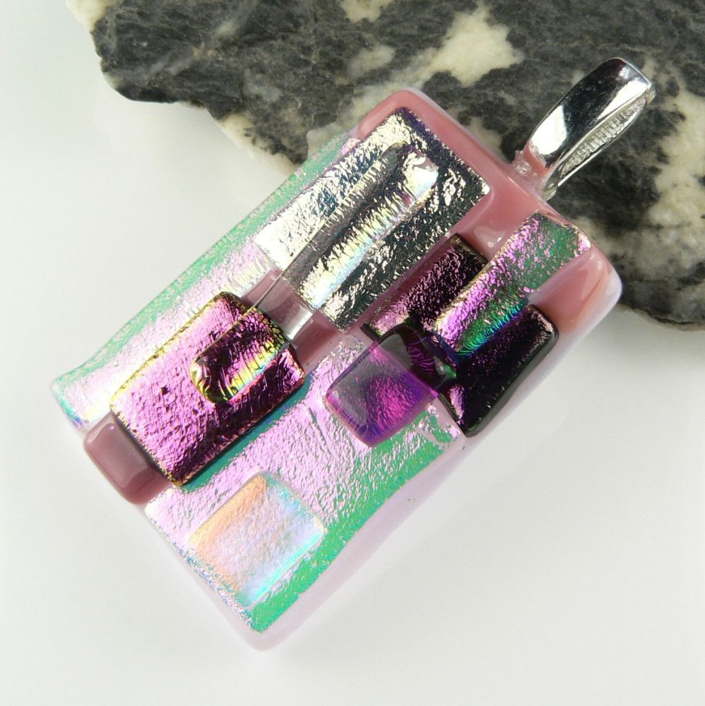 4.5cm pink textured Dichroic glass pendant, with leather cord & gift box (#30443)