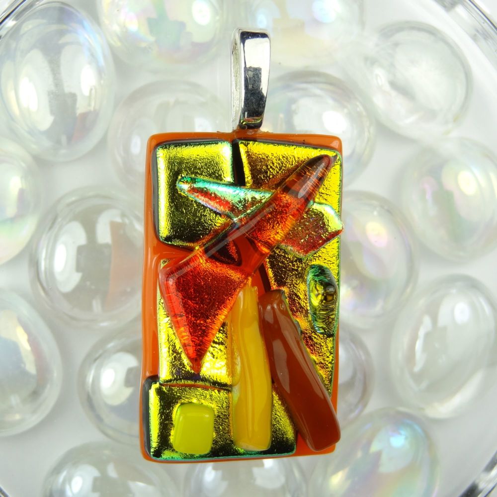 4.5cm yellow/gold/orange textured Dichroic glass pendant, with leather cord & gift box (#30302)