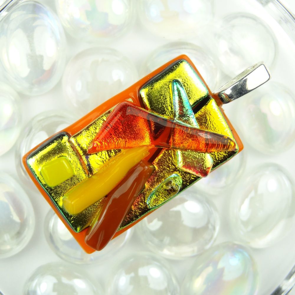 4.5cm yellow/gold/orange textured Dichroic glass pendant, with leather cord & gift box (#30302)