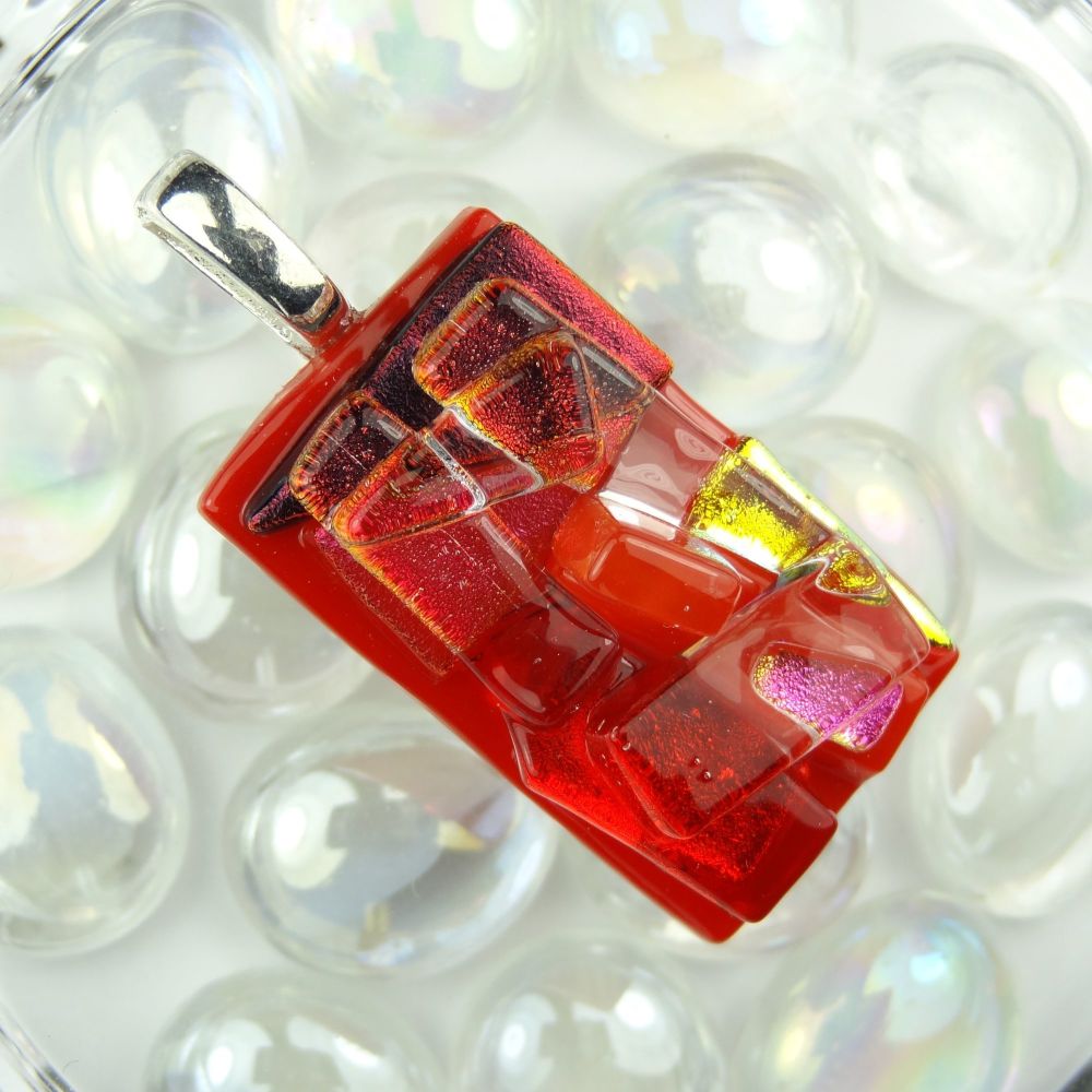 4.5cm red textured Dichroic glass pendant, with leather cord & gift box (#30187)