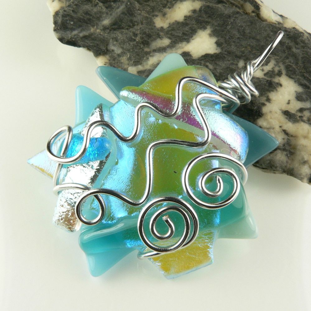 4.9cm pale blue textured & wire wrapped Dichroic glass pendant, with leather cord & gift box (#30233)