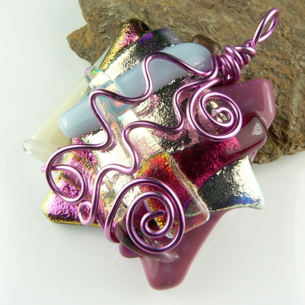 4.6cm pink textured & wire wrapped Dichroic glass pendant, with leather cord & gift box (#30380)