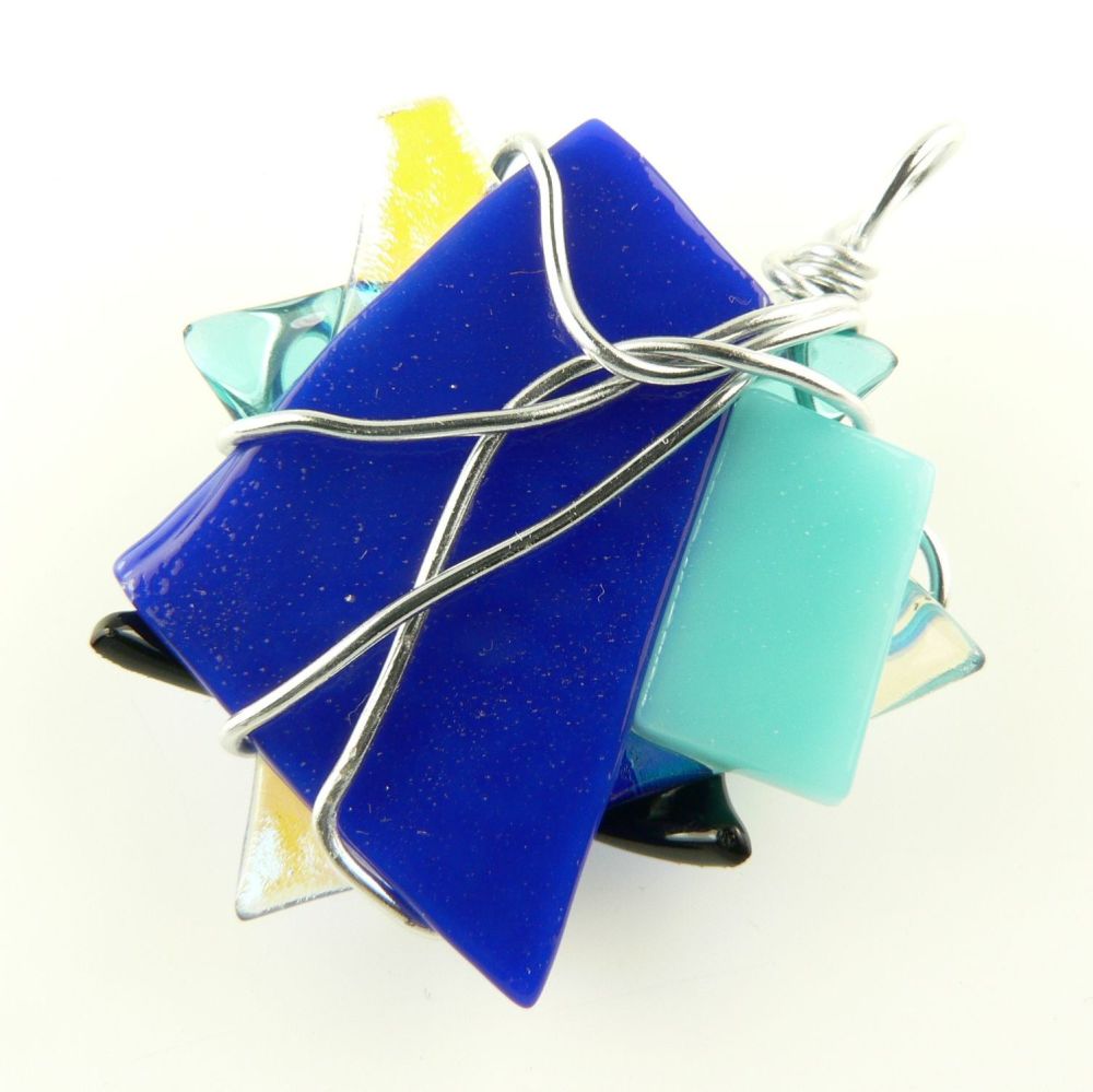 4.7cm blue textured & wired Dichroic glass pendant, with leather cord & gift box (#30231)