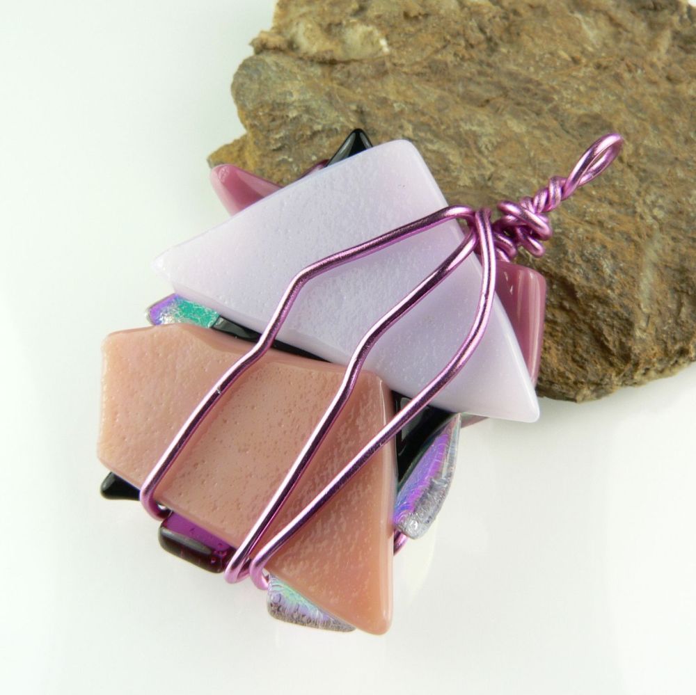 4.8cm pink textured & wired Dichroic glass pendant, with leather cord & gift box (#30377)