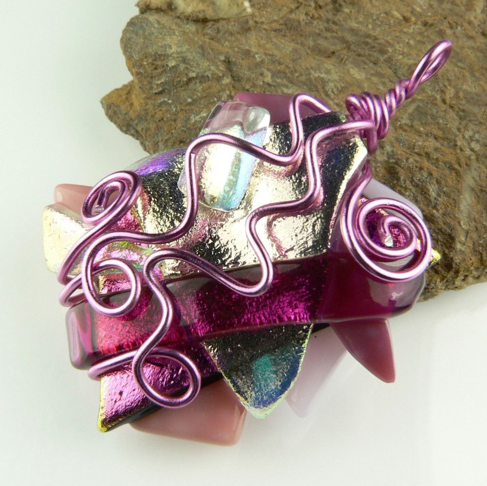 pink textured & wire wrapped dichroic glass pendant