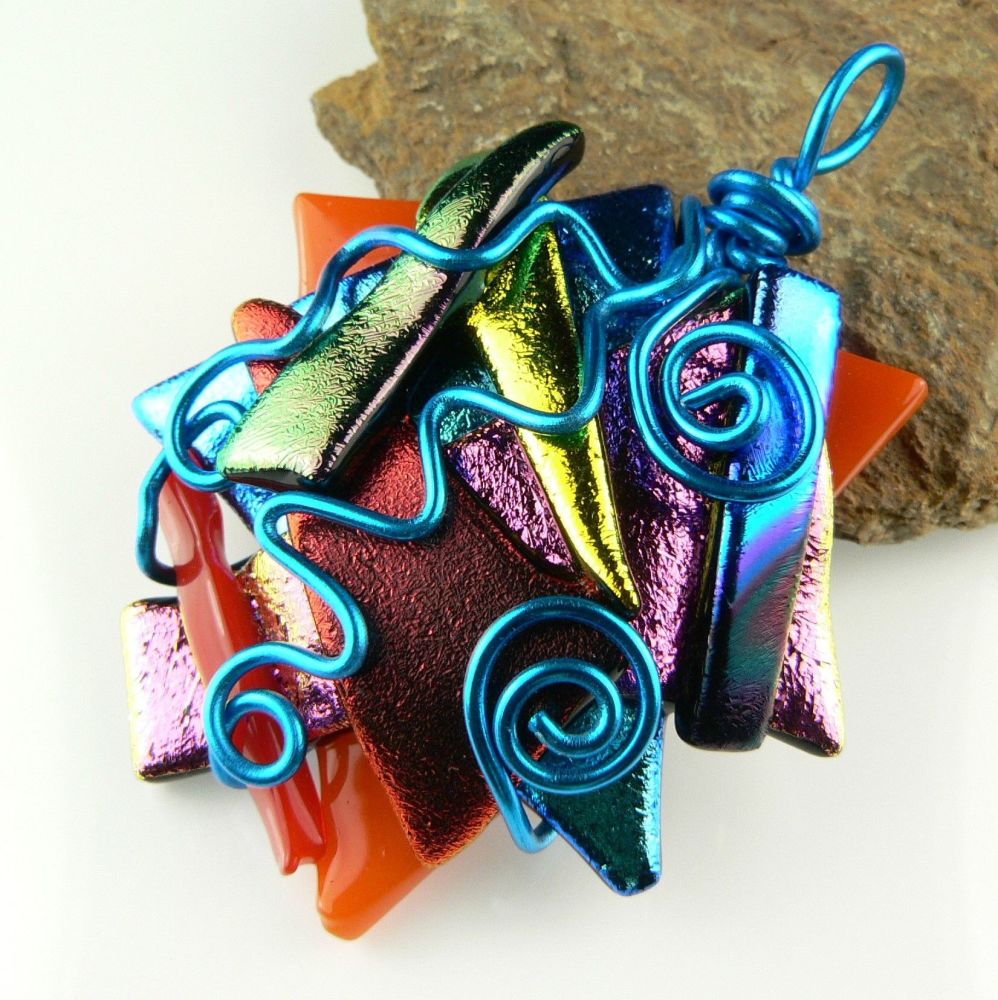 5cm multi-coloured textured & wire wrapped Dichroic glass pendant, with leather cord & gift box (#30223)