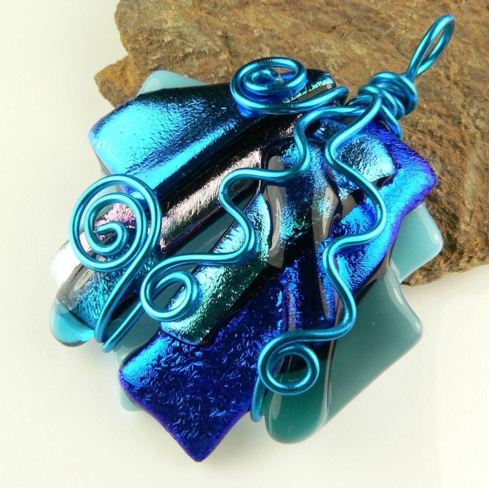 4.7cm blue textured & wire wrapped genuine Dichroic glass pendant, with leather cord & gift box (#30224)