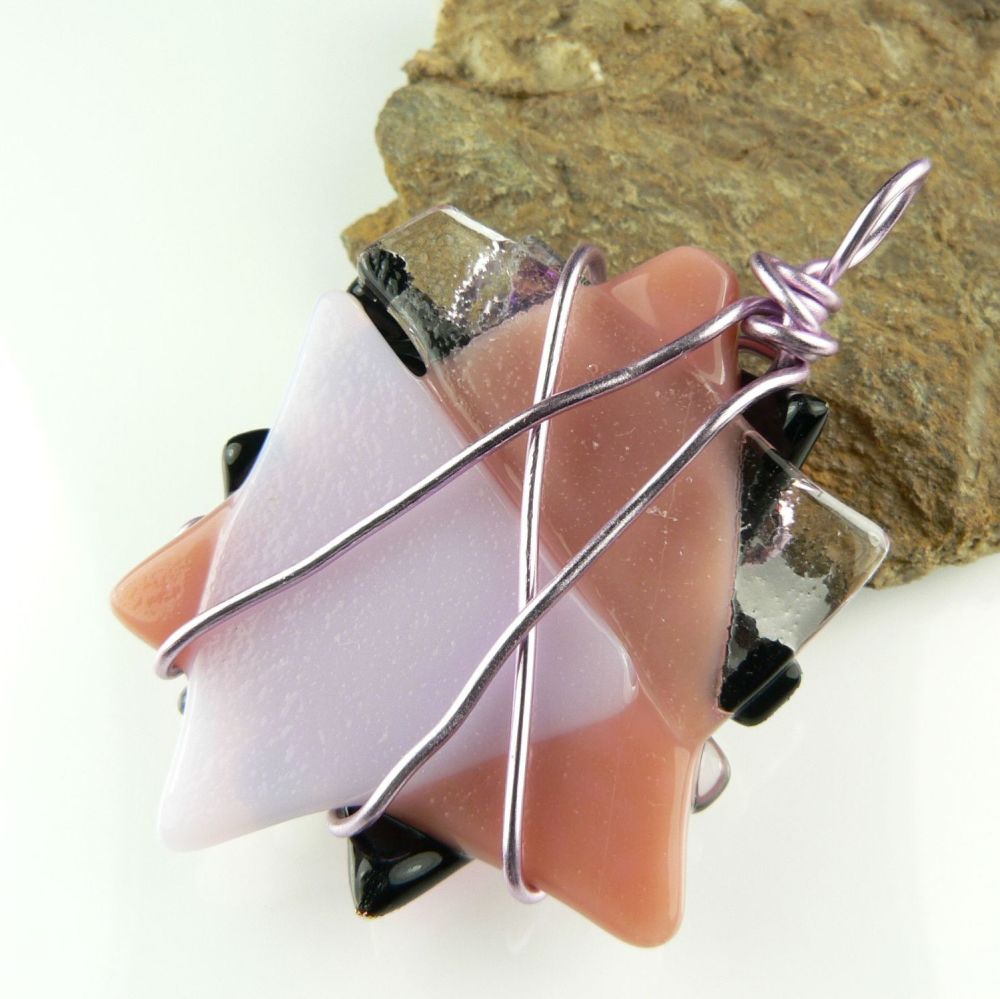 5.2cm pink textured & wired Dichroic glass pendant, with leather cord & gift box (#30555)