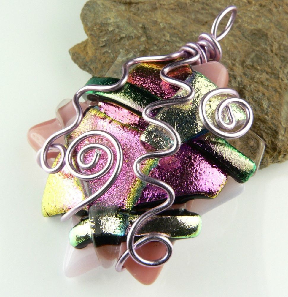 5.2cm pink textured & wired Dichroic glass pendant, with leather cord & gift box (#30555)