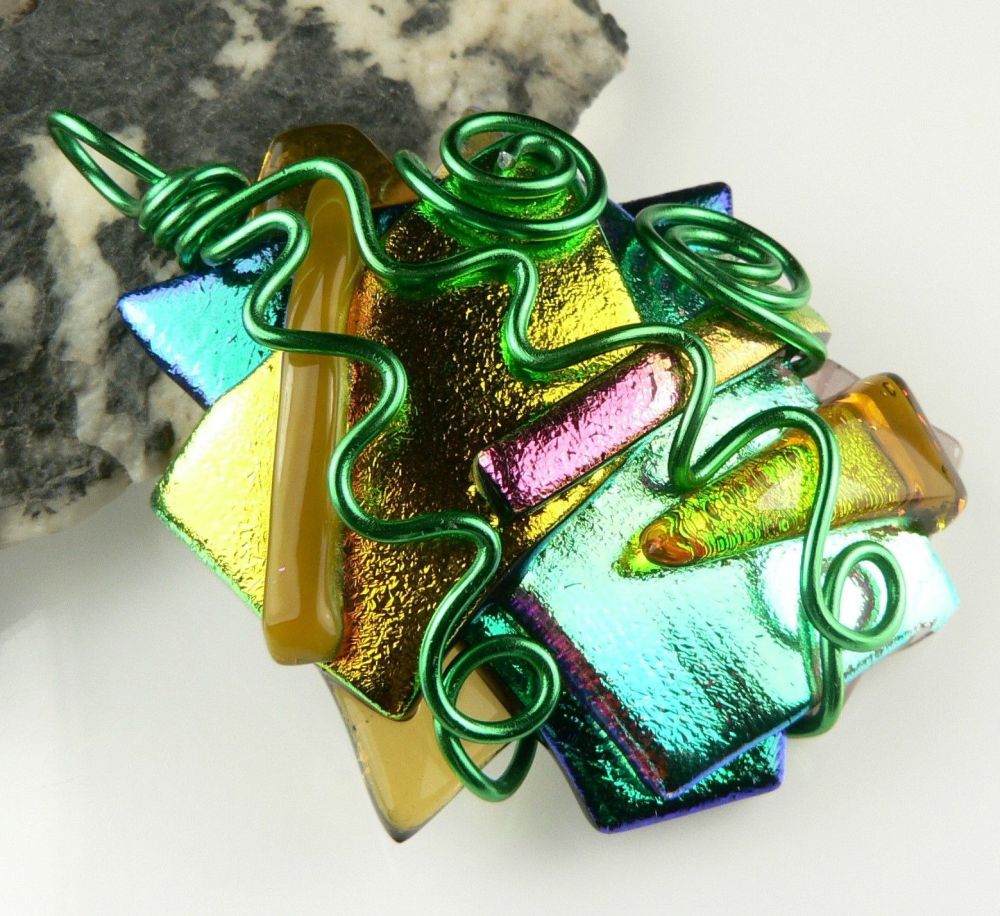 multi-coloured textured & wire wrapped Dichroic glass pendant with cord