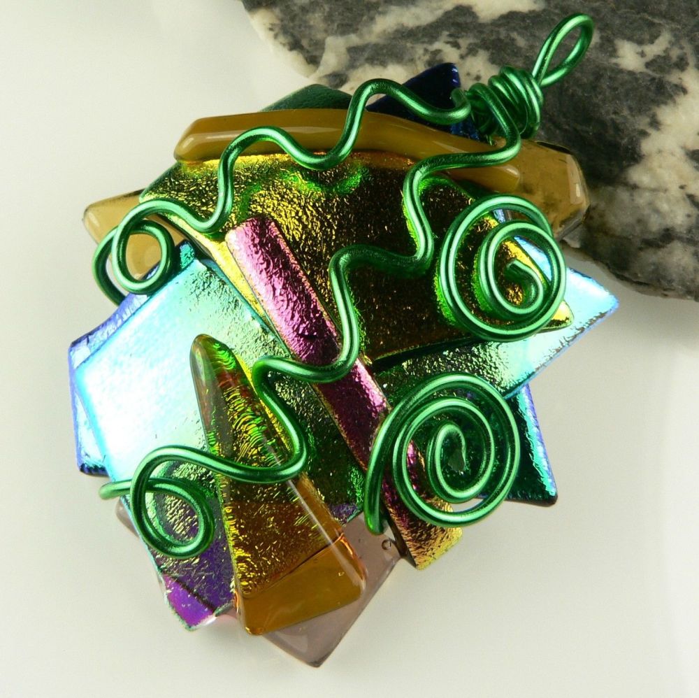 5cm multi-coloured textured & wire wrapped Dichroic glass pendant, with leather cord & gift box (#30420)