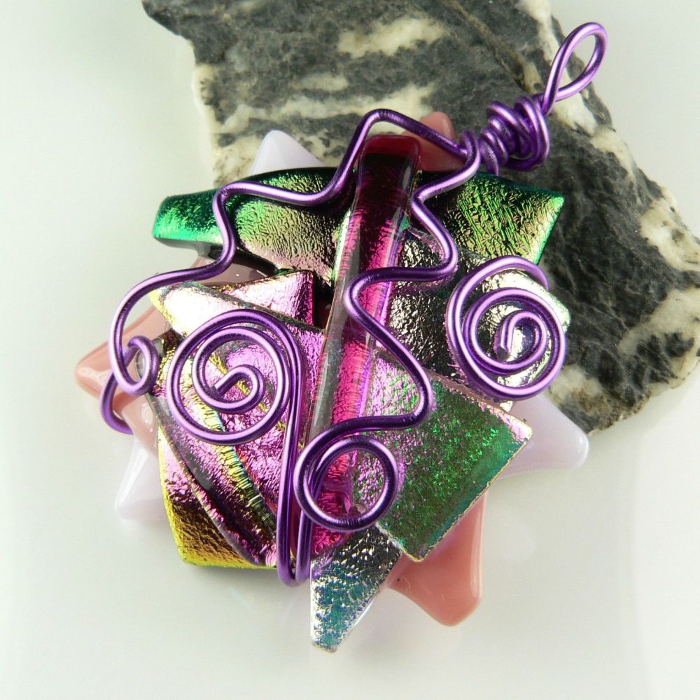 multi-coloured textured & wire wrapped Dichroic glass pendant with cord