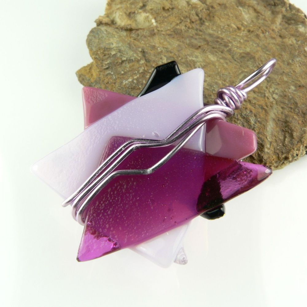 Handcrafted 4.8cm pink textured & wire wrapped genuine Dichroic glass pendant, with leather cord & gift box (#30005)