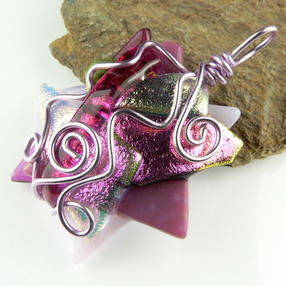 Handcrafted 4.8cm pink textured & wire wrapped genuine Dichroic glass pendant, with leather cord & gift box (#30005)