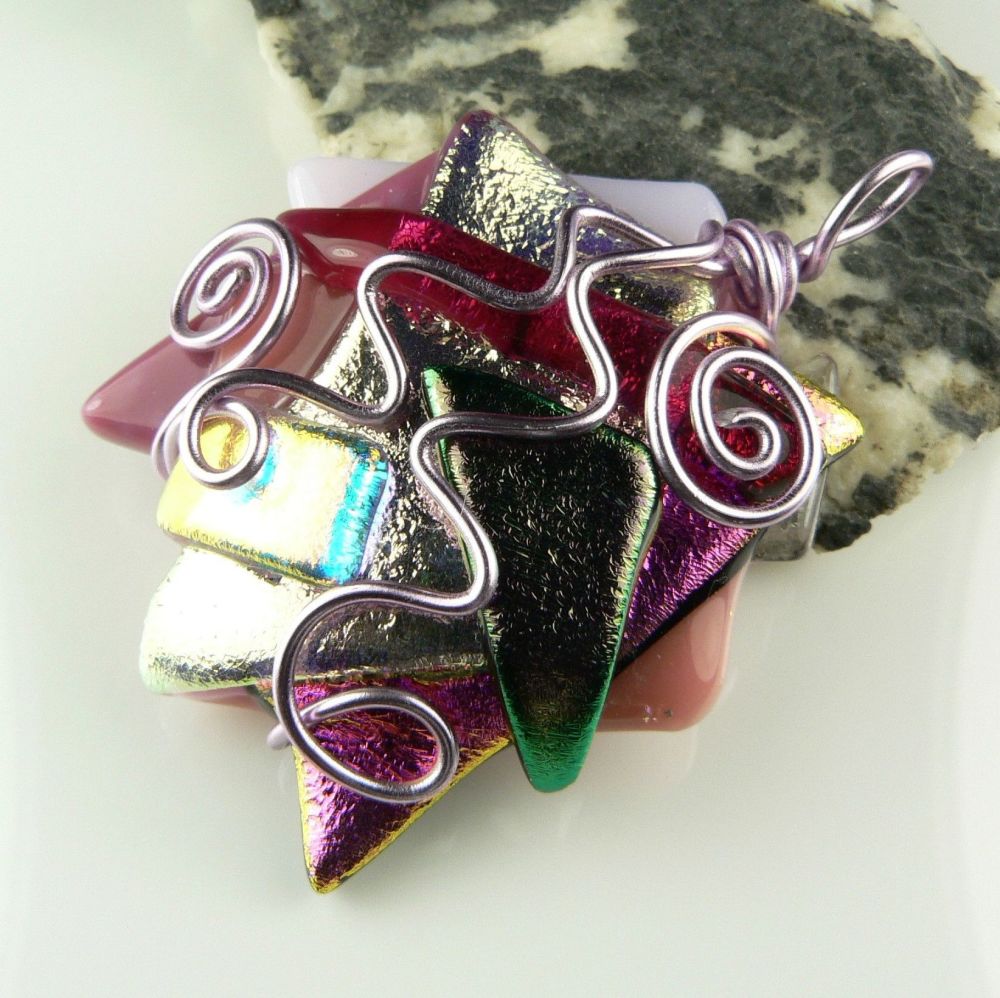 Handcrafted 4.5cm multi-coloured textured & wire wrapped genuine Dichroic glass pendant, with leather cord & gift box (#30343)