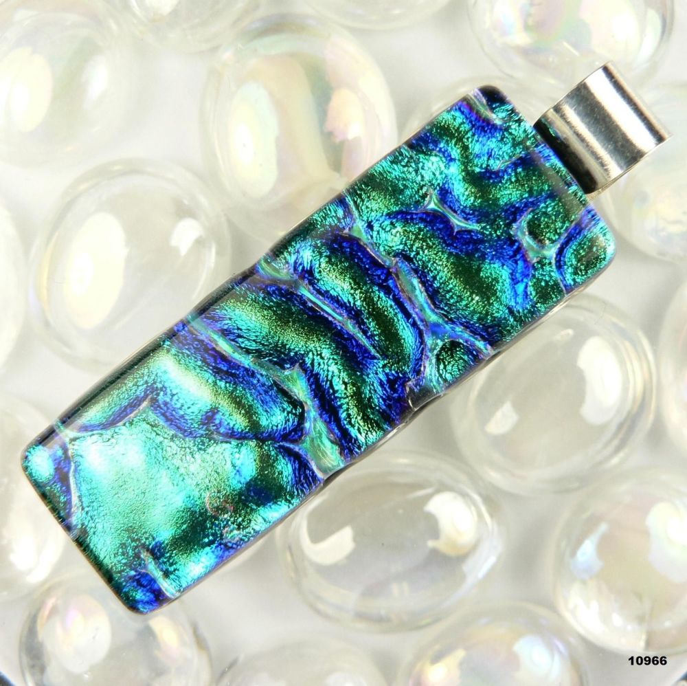 4.6cm green & blue sterling silver Dichroic glass pendant, with leather cord & gift box (#10966)