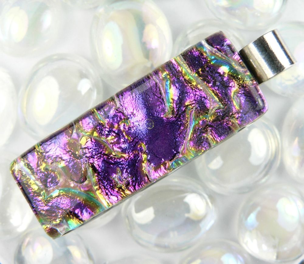 4.6cm pinkish-purple & gold sterling silver Dichroic glass pendant, with leather cord & gift box (#21060)