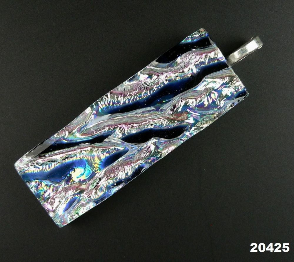 5.6cm dark blue and silver Dichroic glass pendant, with leather cord & gift box (#20425)