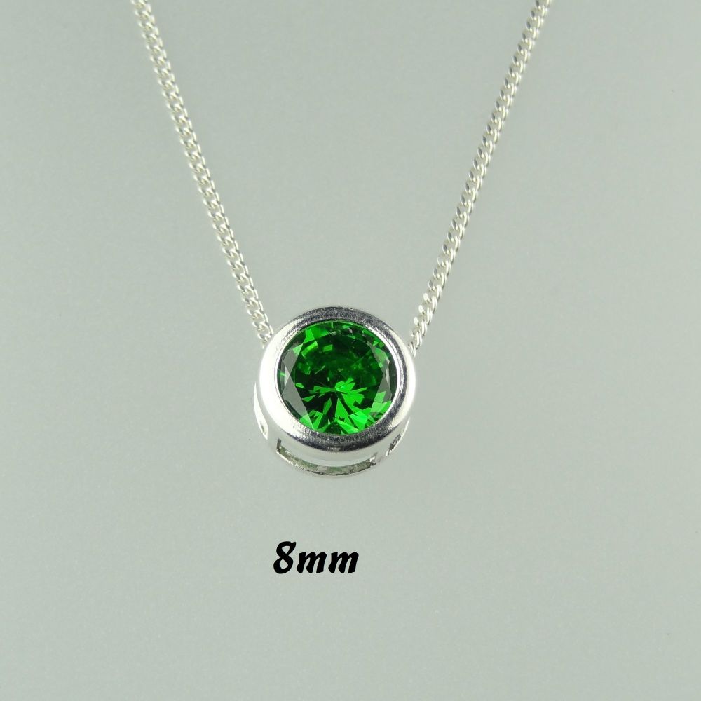 16 colour options - Sterling silver 8mm slider/floating Cubic Zirconia necklace, in a gift box - choice of 16" or 18" chain