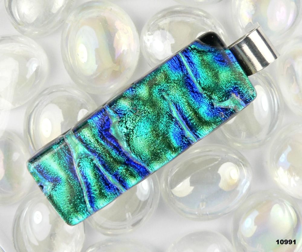 4.6cm green & blue sterling silver Dichroic glass pendant, with leather cord & gift box (#10991)