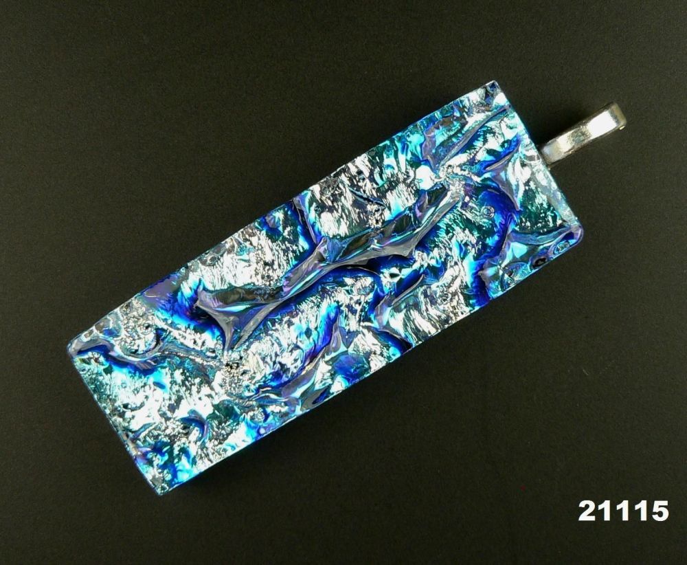 5.4cm dark blue and silver Dichroic glass pendant, with leather cord & gift box (#21115)