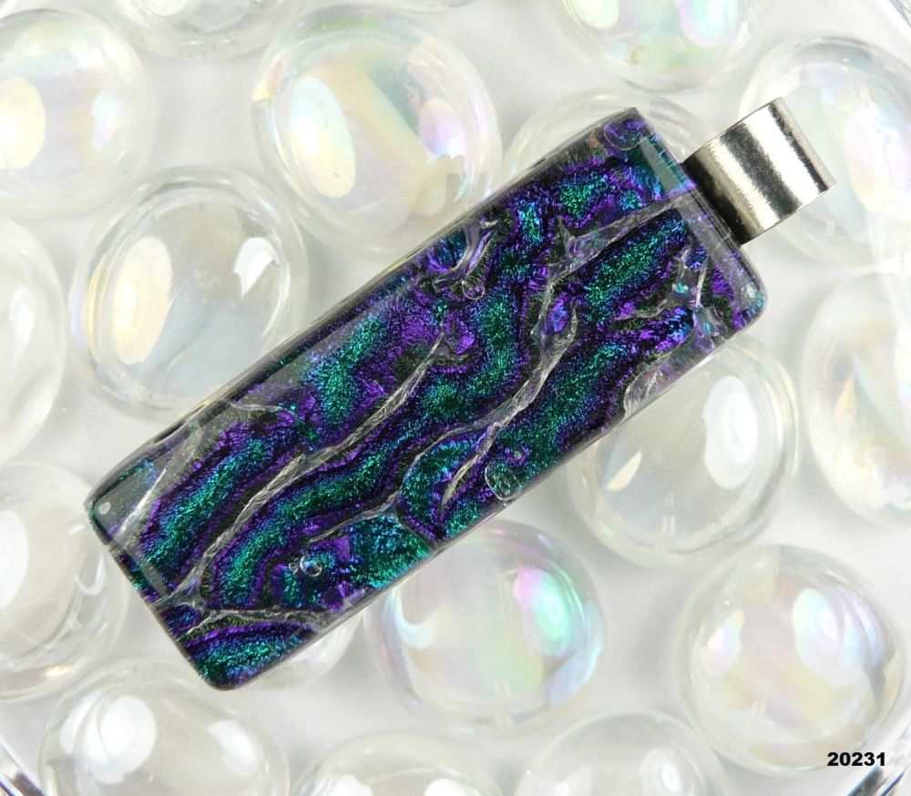 4.6cm purple & green Dichroic glass pendant, with leather cord & gift box (#20231)