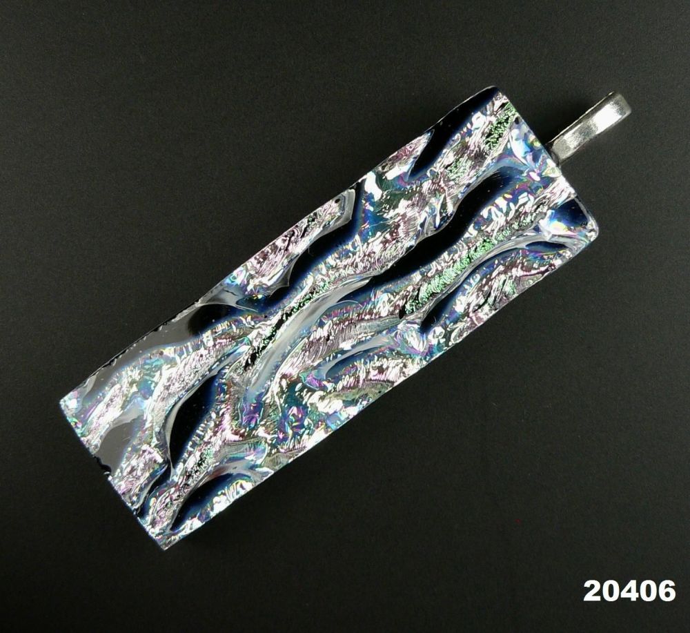 5.6cm dark blue and silver Dichroic glass pendant, with leather cord & gift box (#20406)