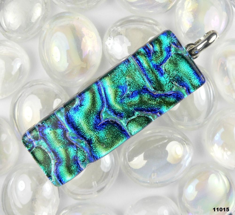 4.6cm green & blue sterling silver Dichroic glass pendant, with cord