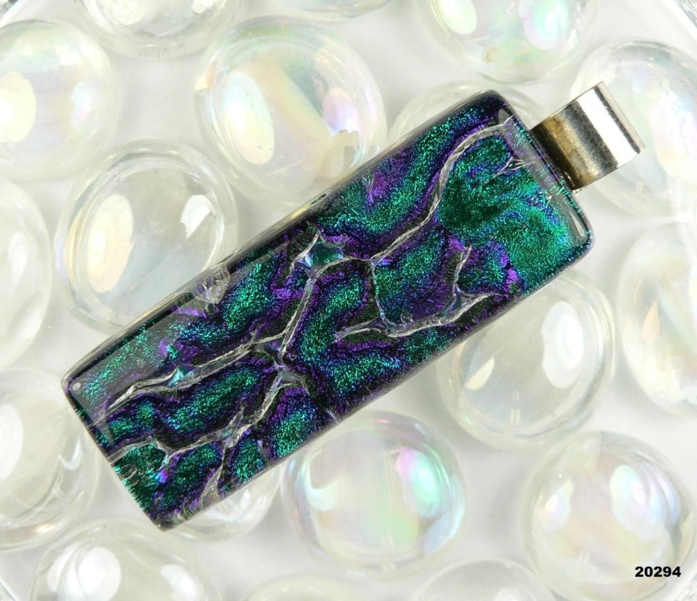 4.6cm purple & green Dichroic glass pendant, with leather cord & gift box