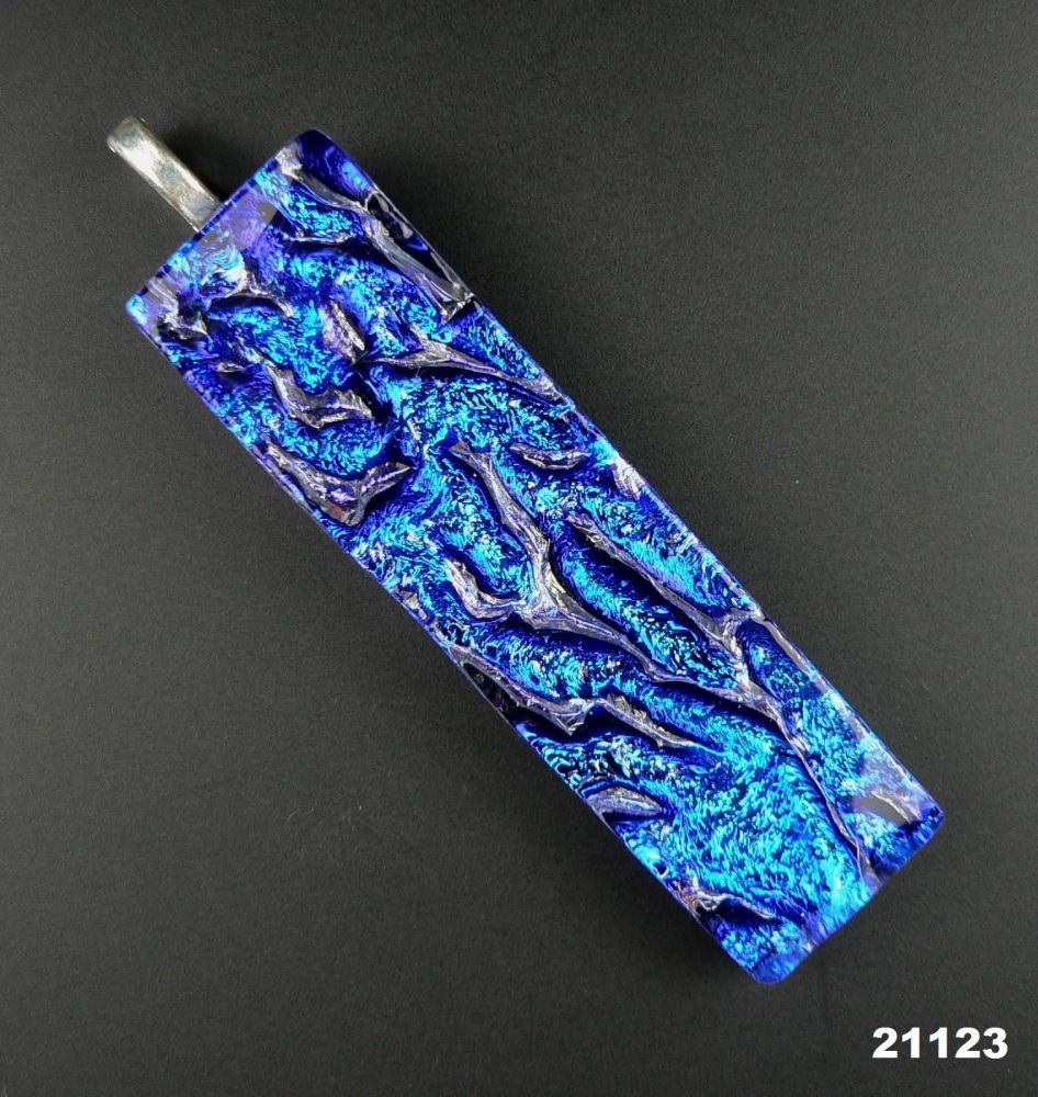 Blue Dichroic glass pendant, on a leather cord (#21123)