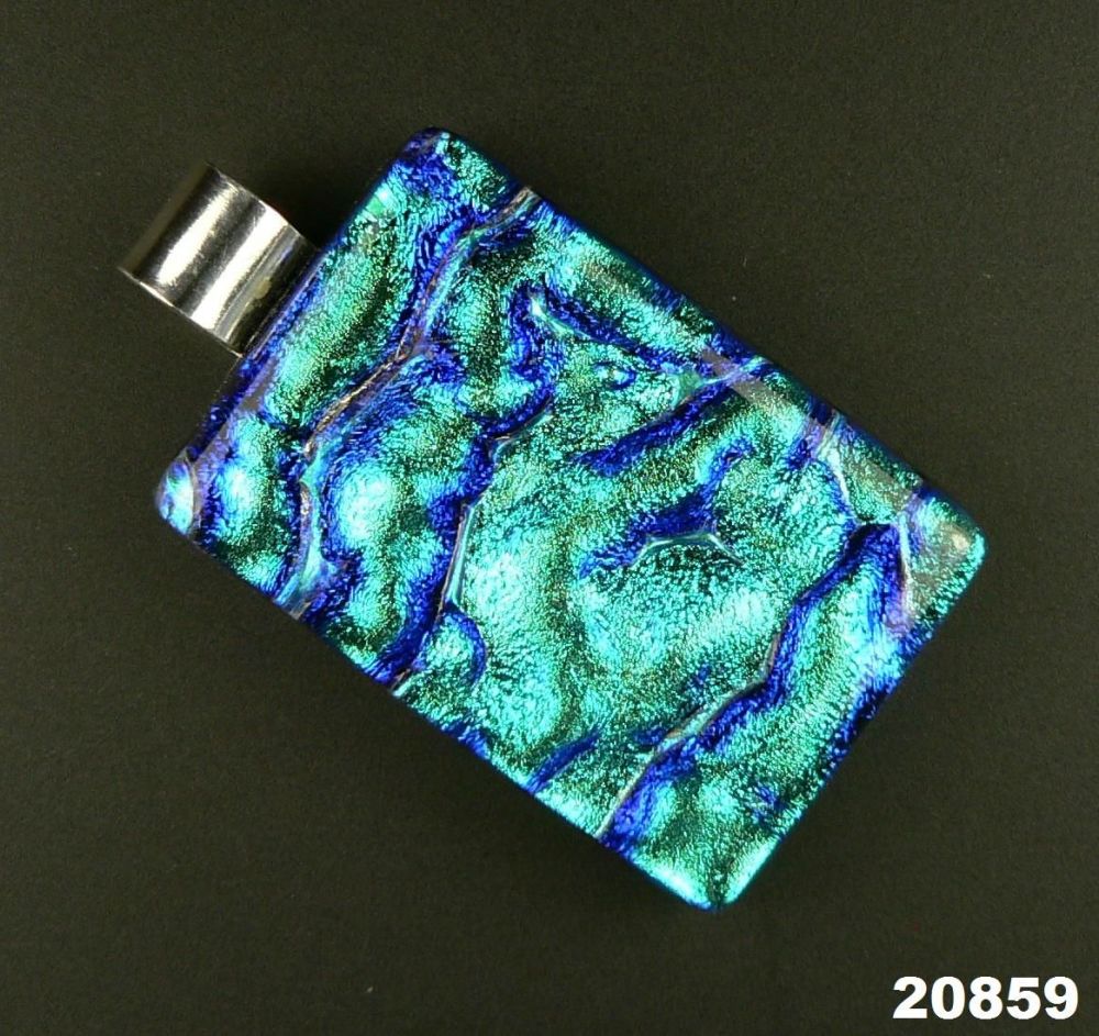 3.8cm green & blue sterling silver Dichroic glass pendant, with leather cord & gift box (#20859)