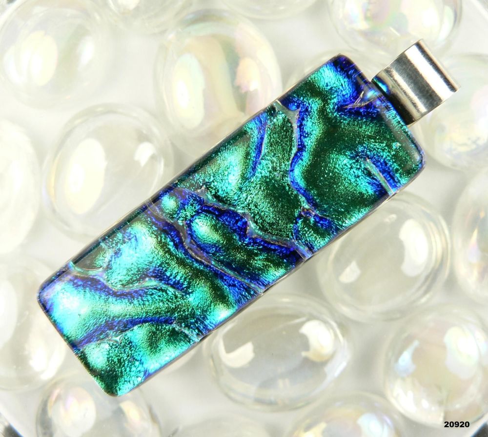 4.6cm green & blue sterling silver Dichroic glass pendant, with leather cord & gift box (#20920)