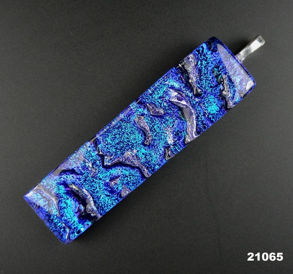 6.5cm blue Dichroic glass pendant, with leather cord & gift box (#21065)